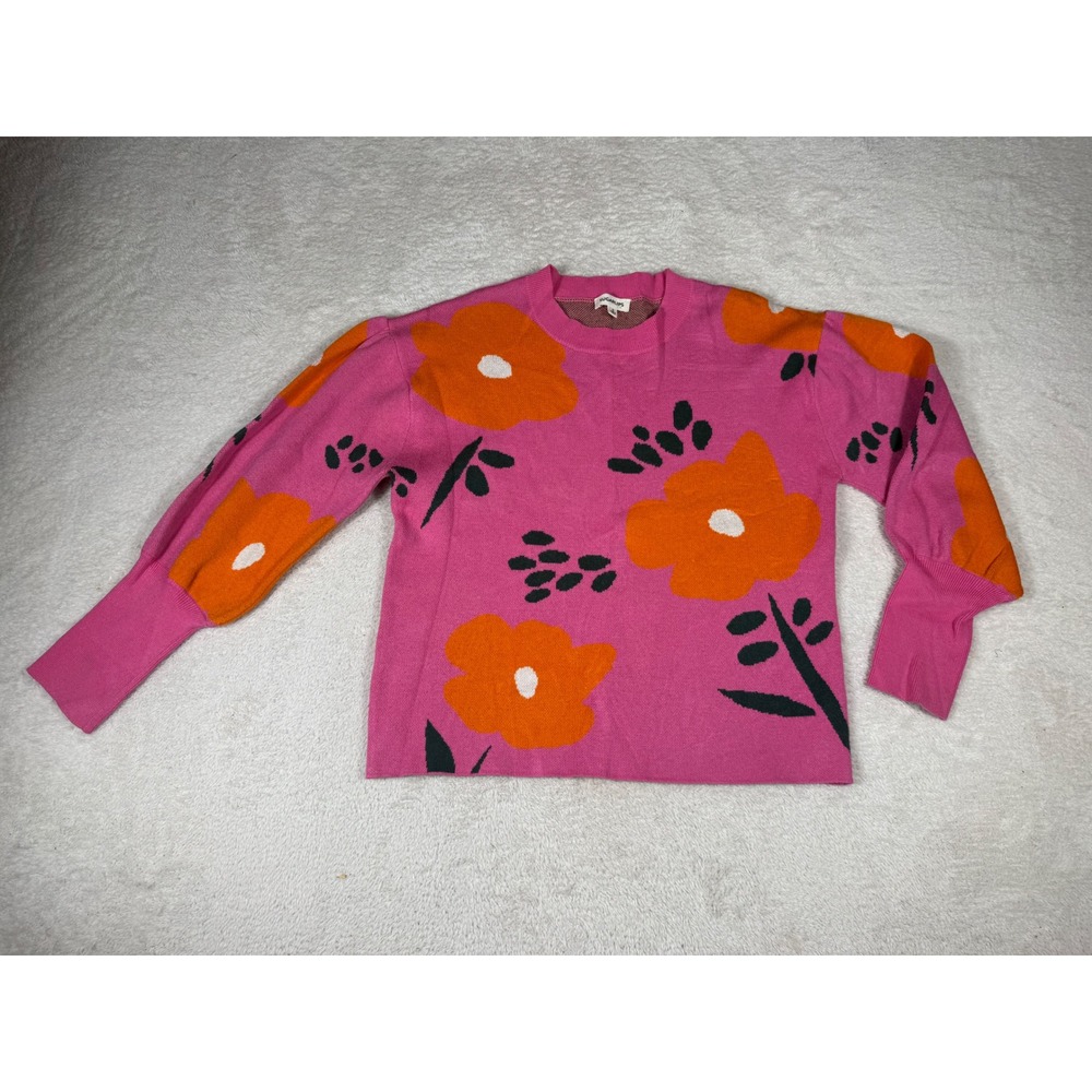 Sugarlips Floral Puff Sleeve Sweater Womens Small Pink Orange Knit STT16582 Exc